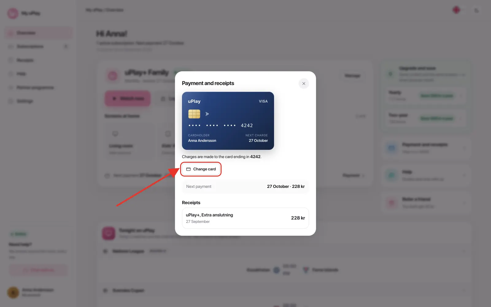 Tap Change card in the Payment and receipts box