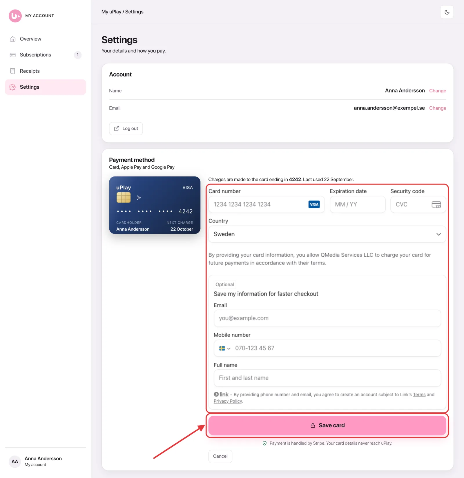 Fill in the card and tap Save card