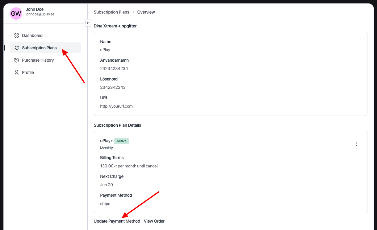 Gå till Subscription Plans och klicka på Update Payment Method