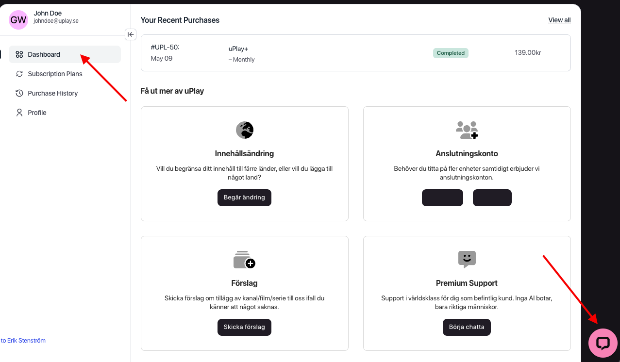 Dashboard – klicka på chattikonen eller Börja chatta