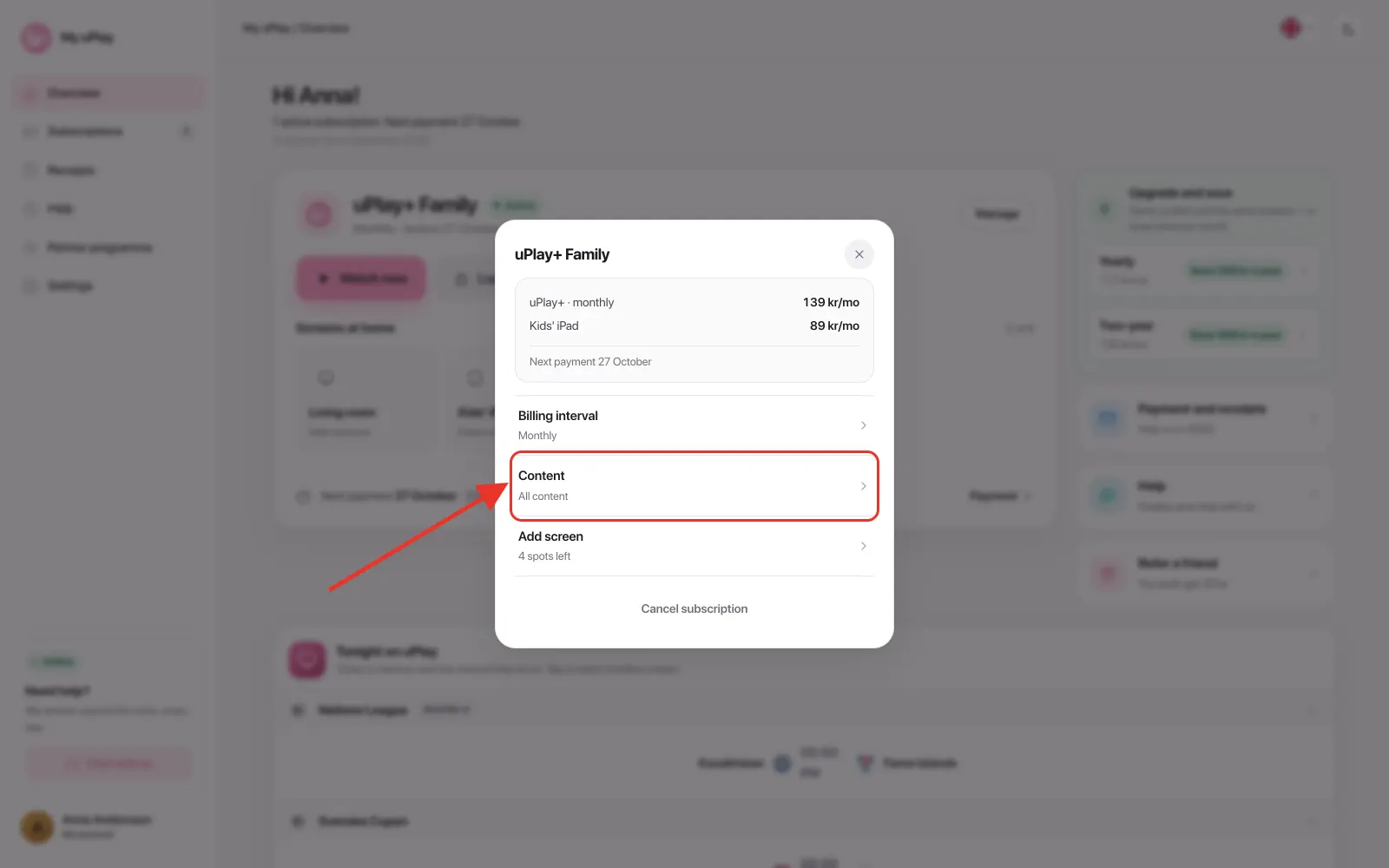 The Content row in the Manage box