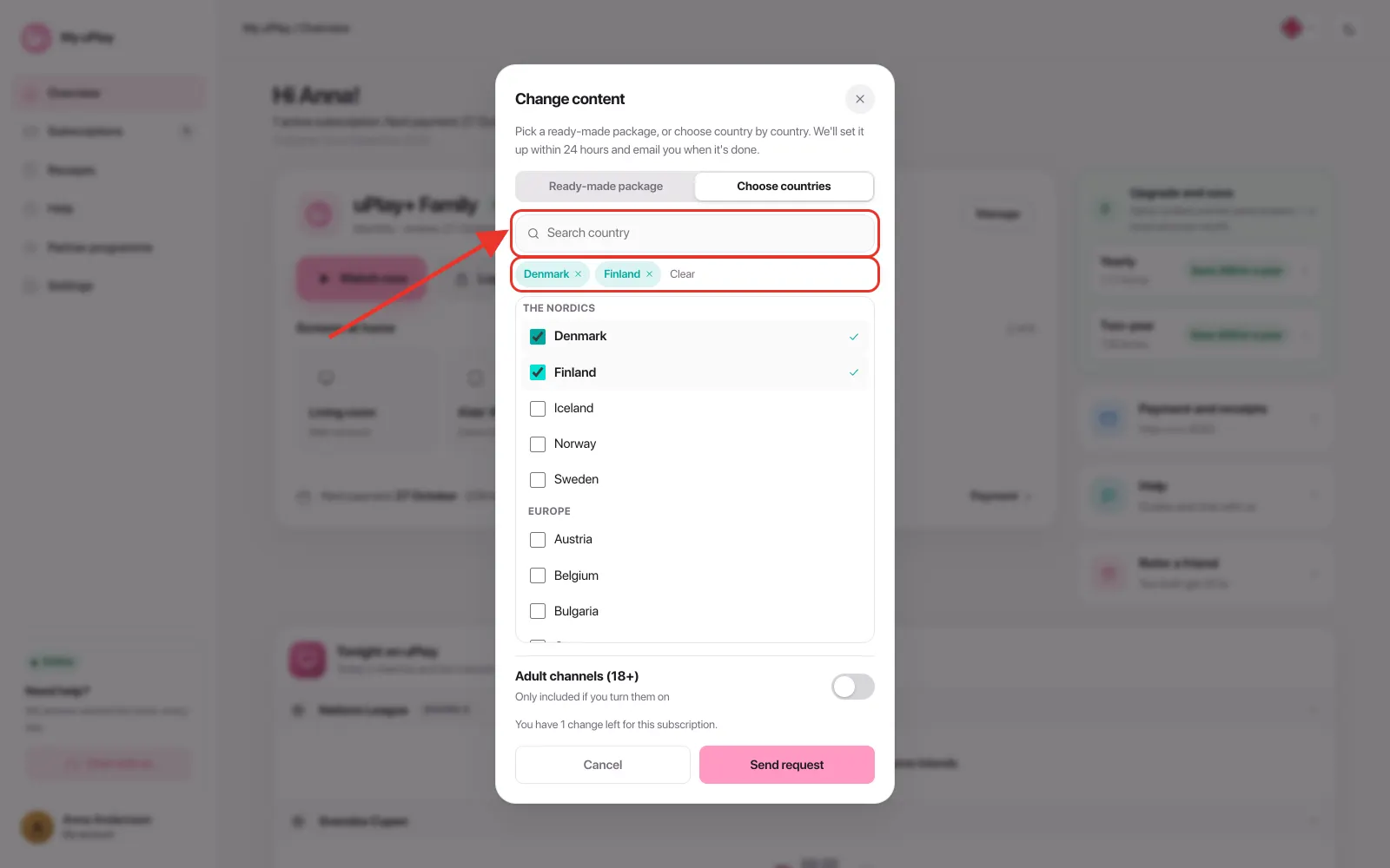 The Choose countries tab with the search field and the selected countries