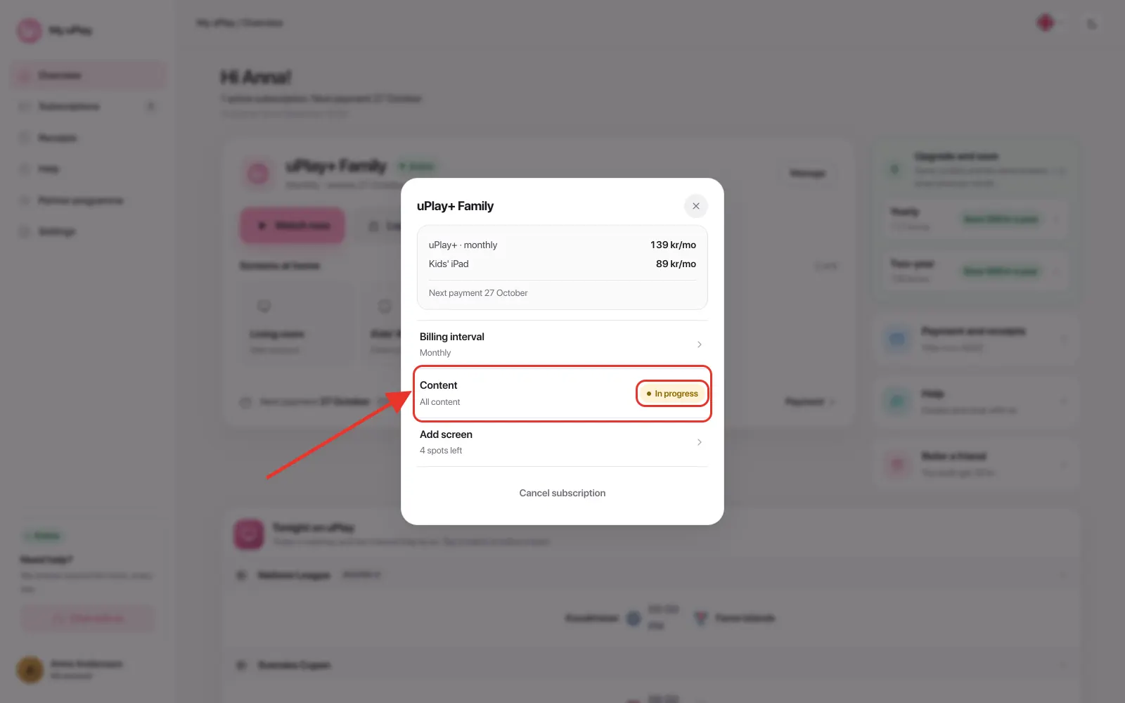 The Content row showing In progress while the request is handled