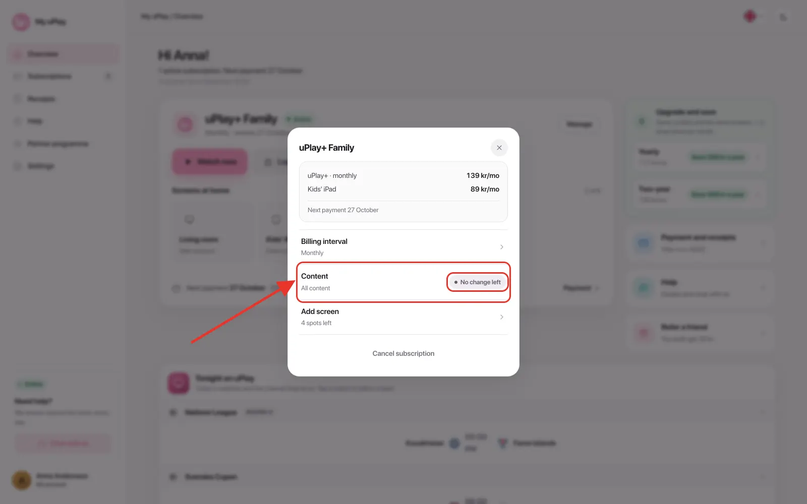 The Content row showing No change left