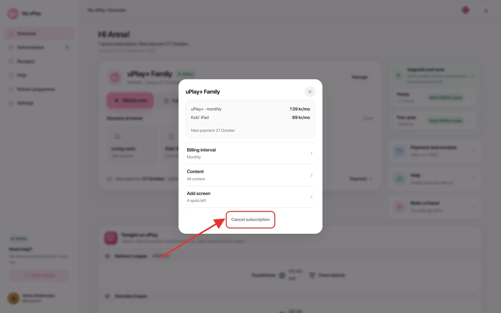 Tap Cancel subscription at the bottom of the Manage box