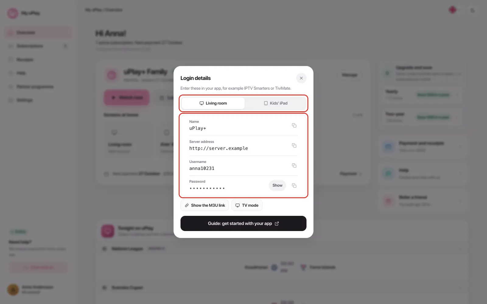 The Login details box, with a tab for each screen and the details below